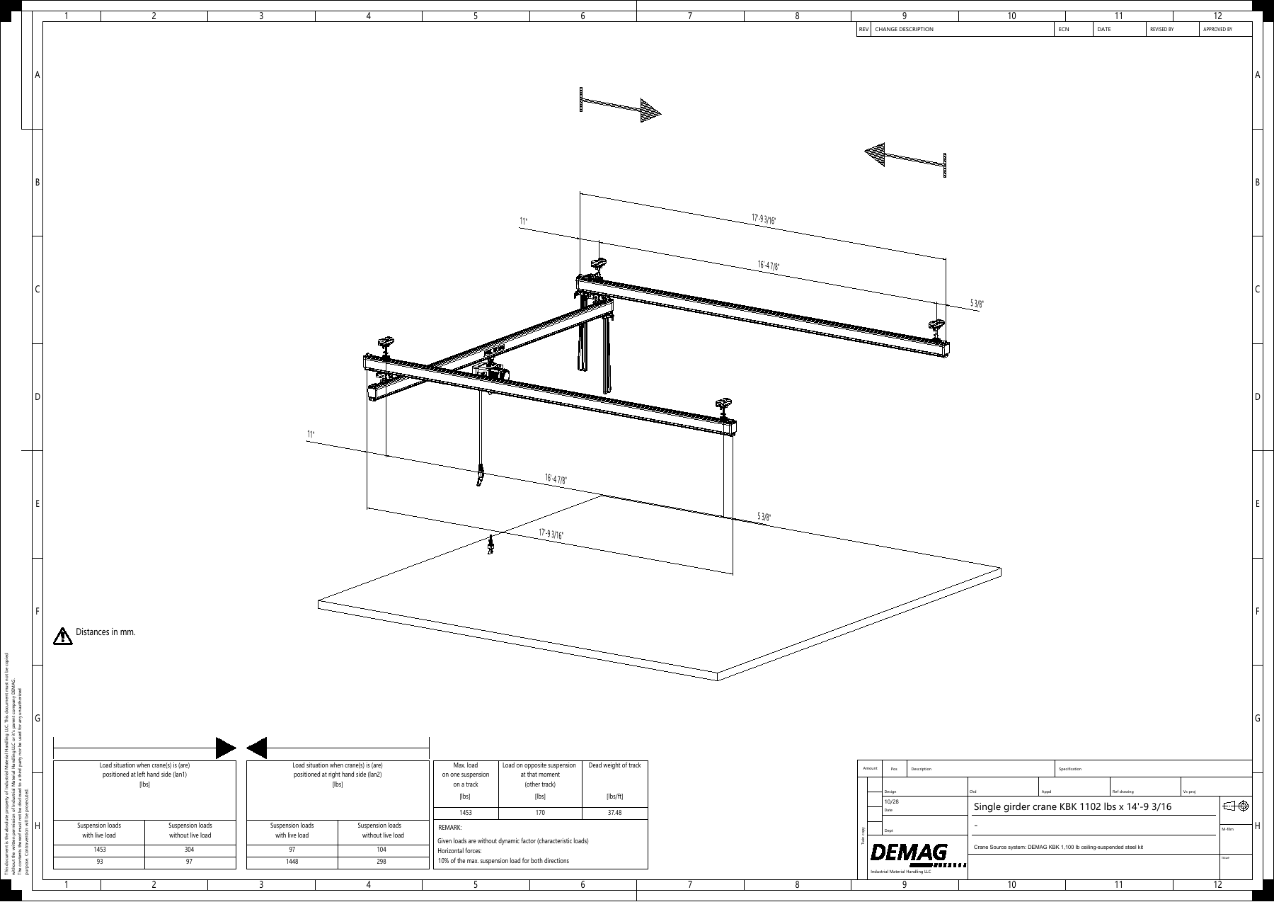 Configuration drawing for DEMAG KBK 1,100 lb ceiling-suspended steel kit