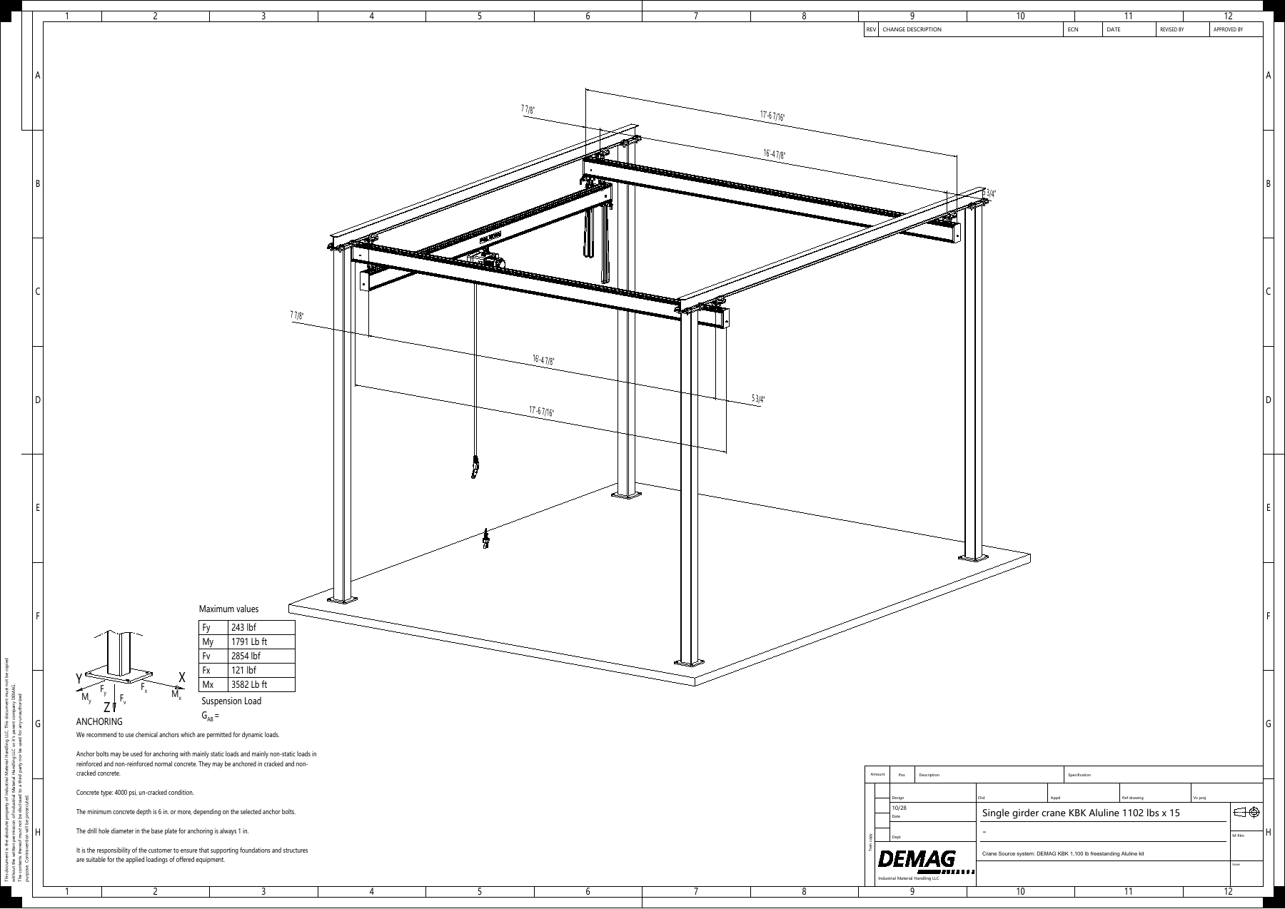 Configuration drawing for DEMAG KBK 1,100 lb freestanding Aluline kit