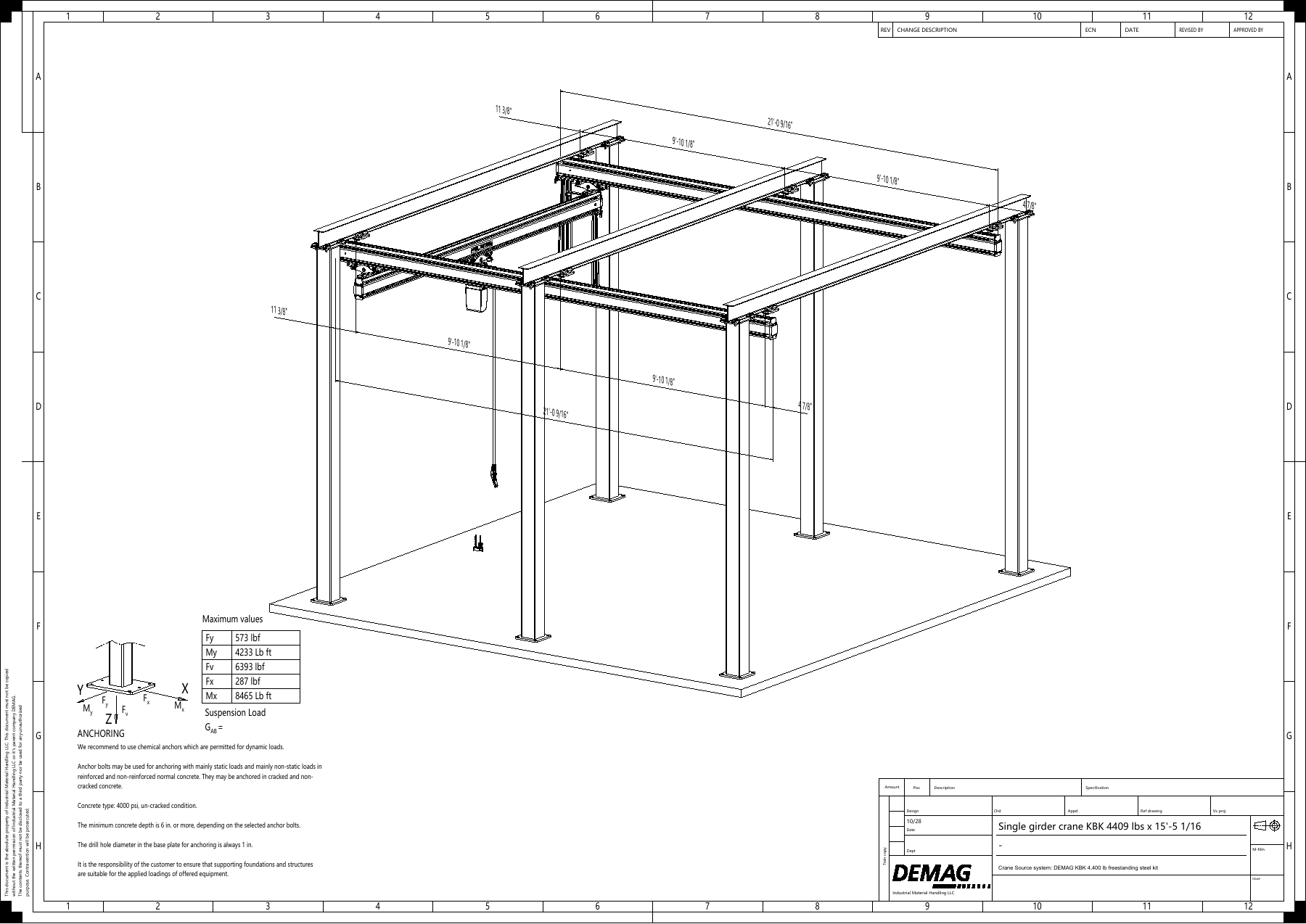 Configuration drawing for DEMAG KBK 4,400 lb freestanding steel kit